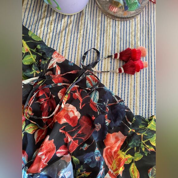 ROCOCO SAND Black Floral Wrap Mini DRESS Long Sleeve Cocktail Cottagecore Sz XS - Picture 11 of 15